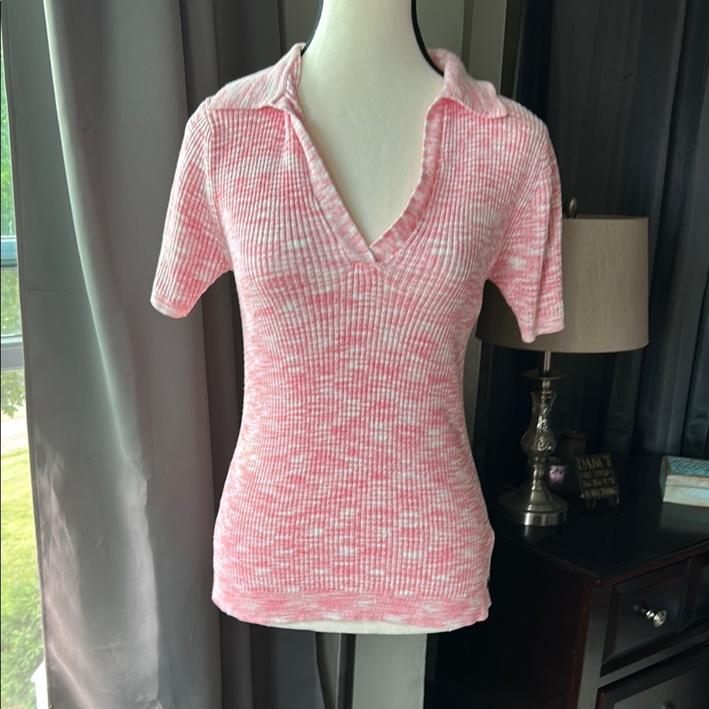 Scotch & Soda Pink Ribbed V-Neck Women's Top
